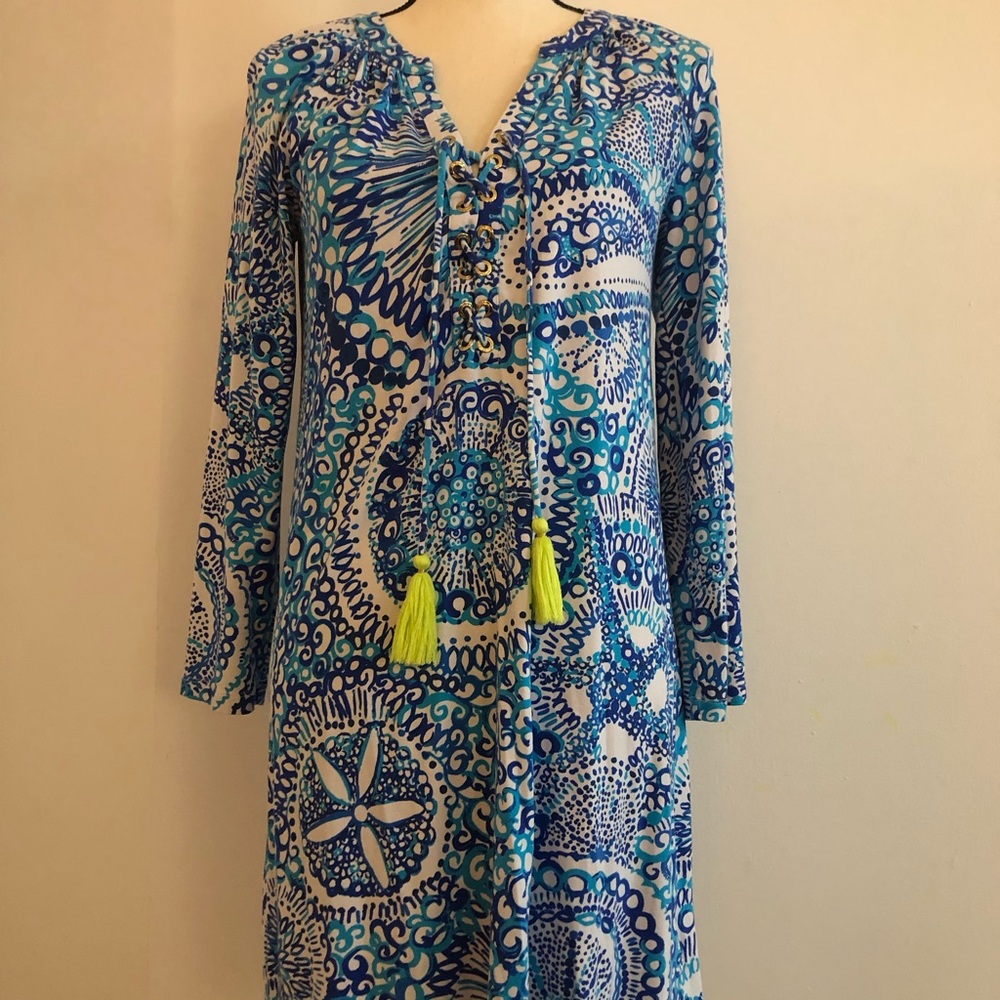 Lilly Pulitzer tunic/dress. Dark/light blue design with neon colored tassels.
